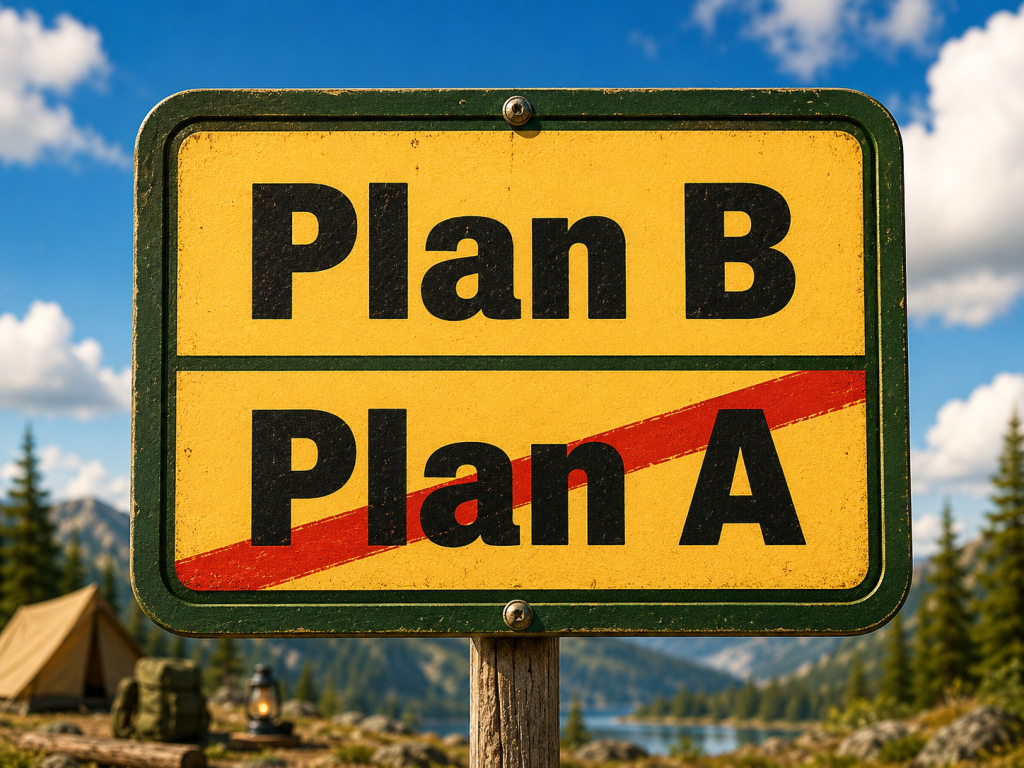 Camper Bob preparedness sign showing Plan B after Plan A is crossed out