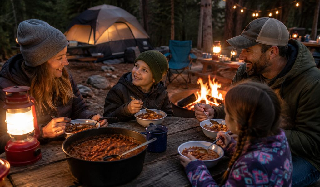 Campfire Chili Recipe for Camp Dinners 7 camp stove chili people enjoying meal